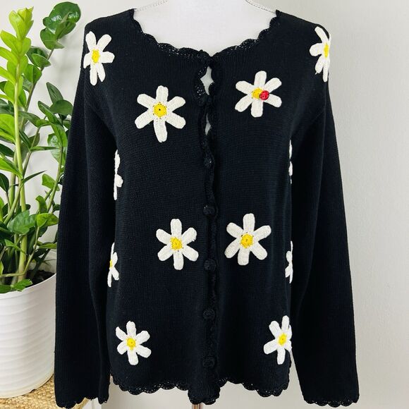 Sweaters - Vtg Shenanigans Black Daisy & Ladybug Y2K Cottagecore Knitted Cardigan Sweater M
